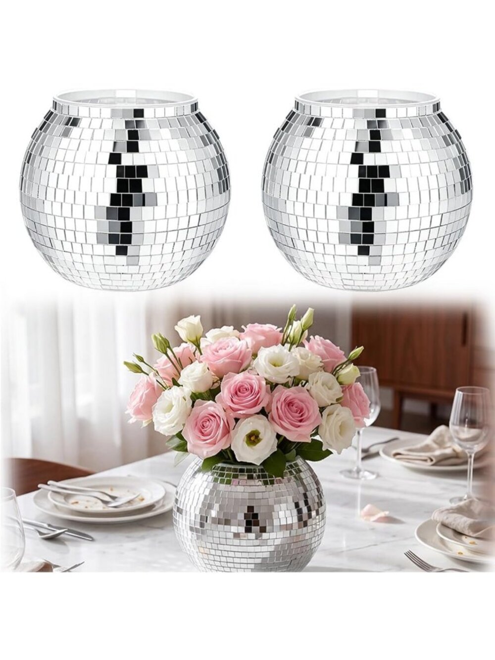 Shiny Silver Mirror Disco Ball Vases - Set of 2, 6" x 6.7" Decorative Home Decor